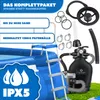 A pool filter system and accessories are displayed next to a portion of a blue inflatable pool with a ladder. Produktbild-Vorschau