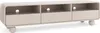 A beige TV stand with three open shelves and three drawers, supported by spherical legs, is shown against a white background. Produktbild-Vorschau
