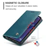 A teal flip phone case is shown open, revealing a smartphone screen. Text overlays describe the magnetic closure feature. Produktbild-Vorschau