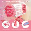 Pink-weiße Bazooka-Blasenpistole, von einer Hand gehalten, erzeugt viele bunte Blasen, mit Feature-Beschriftungen Náhled obrázku produktu