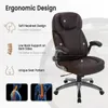 A brown ergonomic office chair with descriptive text and diagrams highlighting its features. Produktbild-Vorschau
