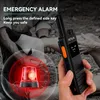 A person is holding a walkie-talkie, with an emergency siren graphic overlaid. The background shows people assisting someone. Produktbild-Vorschau
