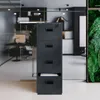 A dark gray four-drawer filing cabinet is shown in a modern office setting with glass walls and greenery. Náhled obrázku produktu