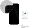 A smartphone screen protector is shown with a close-up view of its edge and a diagram indicating its fit. Text describes its features and origin. Produktbild-Vorschau