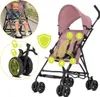 A collage of images showing a pink stroller with a child in it, a close-up of the stroller's wheels and locking mechanism, and a diagram highlighting safety features. Produktbild-Vorschau