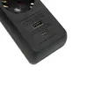 Close-up view of the ports and labeling on a black power strip. Produktbild-Vorschau