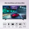 A television screen displaying a racing game, with icons and text below indicating connectivity options. Produktbild-Vorschau