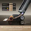 A close-up view of a wet and dry vacuum cleaner cleaning a floor, with a marketing graphic overlay detailing its features. Produktbild-Vorschau