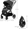 A diagram showing the dimensions of a stroller in both its open and folded states. Produktbild-Vorschau