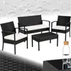 A black rattan furniture set with white cushions, including a loveseat, two chairs, and a coffee table, displayed on a white background with water droplets. Náhled obrázku produktu