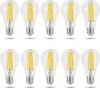 Ten clear glass LED light bulbs with yellow filaments are arranged in two rows on a white background. Produktbild-Vorschau