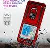 A red phone case with a ring holder is shown in a dynamic, debris-filled scene, suggesting durability and protection. Produktbild-Vorschau