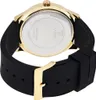 A close-up view of the back of a gold and black watch with a black strap and a gold buckle. Podgląd zdjęcia produktu