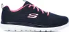 A side view of a navy blue Skechers athletic shoe with pink laces and trim, set against a white background. Produktbild-Vorschau