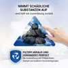 An image promoting an air filter, showing charcoal pieces and text highlighting its filtering capabilities. Produktbild-Vorschau