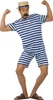 A man wearing a retro-style blue and white striped swimsuit and a straw hat, posing with his arms flexed. Anteprima dell’immagine prodotto