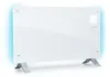 A white glass panel heater with silver legs, displaying a digital temperature reading and brand name, with a blue glow emanating from the sides. Náhľad obrázku produktu
