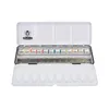 An open metal tin of watercolor paints with multiple paint pans inside. Produktbild-Vorschau