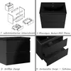 A collage of four images showing a black bathroom vanity set. The top left shows an exploded view of the cabinet assembly. The top right shows the assembled vanity with a sink. The bottom left shows the front of the vanity with closed drawers. The bottom r Produktbild-Vorschau