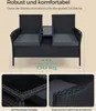 A black rattan loveseat with gray cushions and a central table, featuring close-up insets of the glass tabletop and armrest. Produktbild-Vorschau