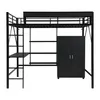 A black metal loft bed with a desk, shelves, and a wardrobe. Produktbild-Vorschau