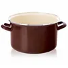 A brown enamel pot with cream interior and silver rim, shown from the front on a white background. Voir les images du produit