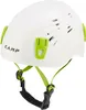 A white climbing helmet with green accents and straps, shown from a front-side angle against a white background. Produktbild-Vorschau
