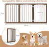 A diagram showing the dimensions of a dog gate, with three dogs in the foreground. Podgląd zdjęcia produktu