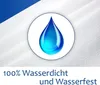 A close-up of a white textured fabric with a blue water drop icon and German text indicating waterproofing. Produktbild-Vorschau