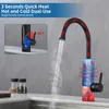 A black kitchen faucet with a flexible neck is shown with water flowing from it. An inset shows a close-up of the faucet handle with indicators for hot and cold water. Diagrams illustrate the heating mechanism within the faucet. Náhled obrázku produktu