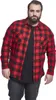 A man wearing a red and black plaid flannel shirt over a black t-shirt and dark jeans, posing against a white background. Produktbild-Vorschau