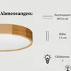 A close-up of a wooden ceiling lamp with text and icons indicating dimensions and bulb count. Produktbild-Vorschau