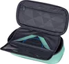An open mint green pencil case with internal compartments. Voir les images du produit