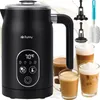 A black electric milk frother with accessories and three glasses of coffee drinks. Náhled obrázku produktu