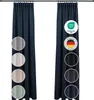 Two navy blue curtains hanging from a curtain rod, with circular swatches of different colors and textures displayed next to them. One curtain also features certification logos. Produktbild-Vorschau