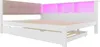 A white wooden bed frame with a tufted pink headboard and built-in shelves with pink LED lighting. Produktbild-Vorschau