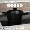 A black pot is shown on a black stovetop, with marketing text and icons above and below. Náhled obrázku produktu