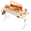 A clean, well-lit studio shot of an adjustable standing desk with various accessories.