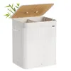 A white laundry basket with a bamboo lid and two compartments, with bamboo leaves in the top left corner. Produktbild-Vorschau