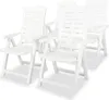 Four white plastic garden chairs are arranged in a group against a white background. Produktbild-Vorschau