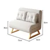 A white sofa bed with gold legs, shown with dimensions indicated by measurement lines and text. Náhľad obrázku produktu