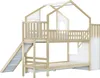 A wooden bunk bed with a house-like frame, slide, and stairs, set against a white background. Produktbild-Vorschau