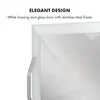 Close-up of a white refrigerator door with a stainless steel handle and text describing its design. Náhled obrázku produktu