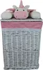 A white wicker laundry basket with a pink fabric liner and a plush unicorn toy on top. Podgląd zdjęcia produktu