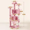 A pink cat tree with dimensions labeled in centimeters. Produktbild-Vorschau