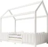A white wooden house-shaped bed frame with a mattress and a stuffed cloud toy. Produktbild-Vorschau