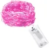 A coiled string of pink LED lights with a clear battery pack. Voir les images du produit
