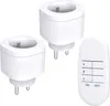 Two white remote-controlled electrical outlets and a white remote control with buttons labeled A, B, C, ON, and OFF, all on a white background. Náhled obrázku produktu