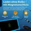 A blue tablet is shown charging with a magnetic cable. The image highlights features like magnetic connection and ease of charging. Produktbild-Vorschau