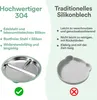 Comparison of a high-quality stainless steel plate with a traditional silicone plate, highlighting features and drawbacks. Produktbild-Vorschau